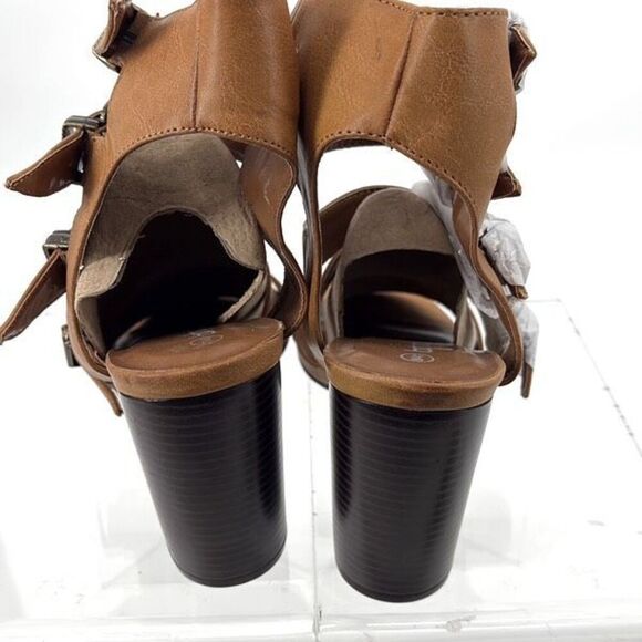 New Boohoo Sarah Buckle Gladiator Flared Heel Sandals Tan 7 - Picture 6 of 9